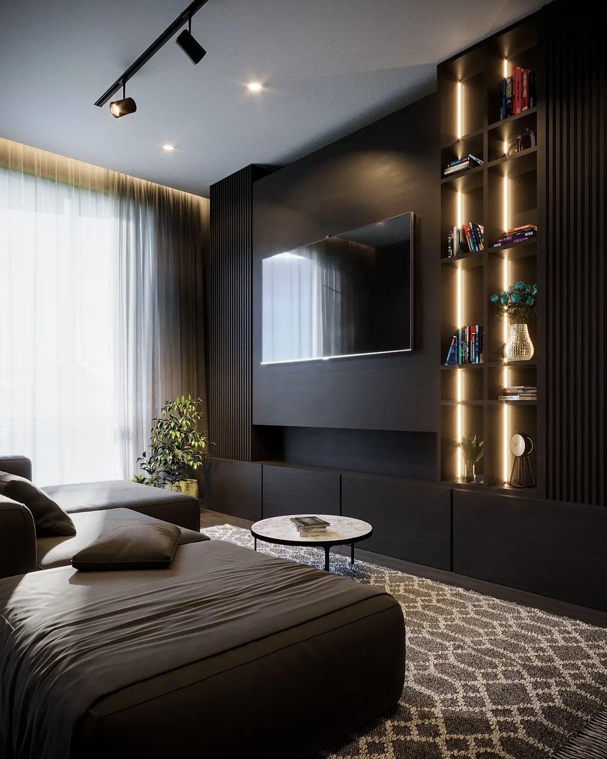 Dark living room with a wall-mounted TV between lit shelves and a large sofa