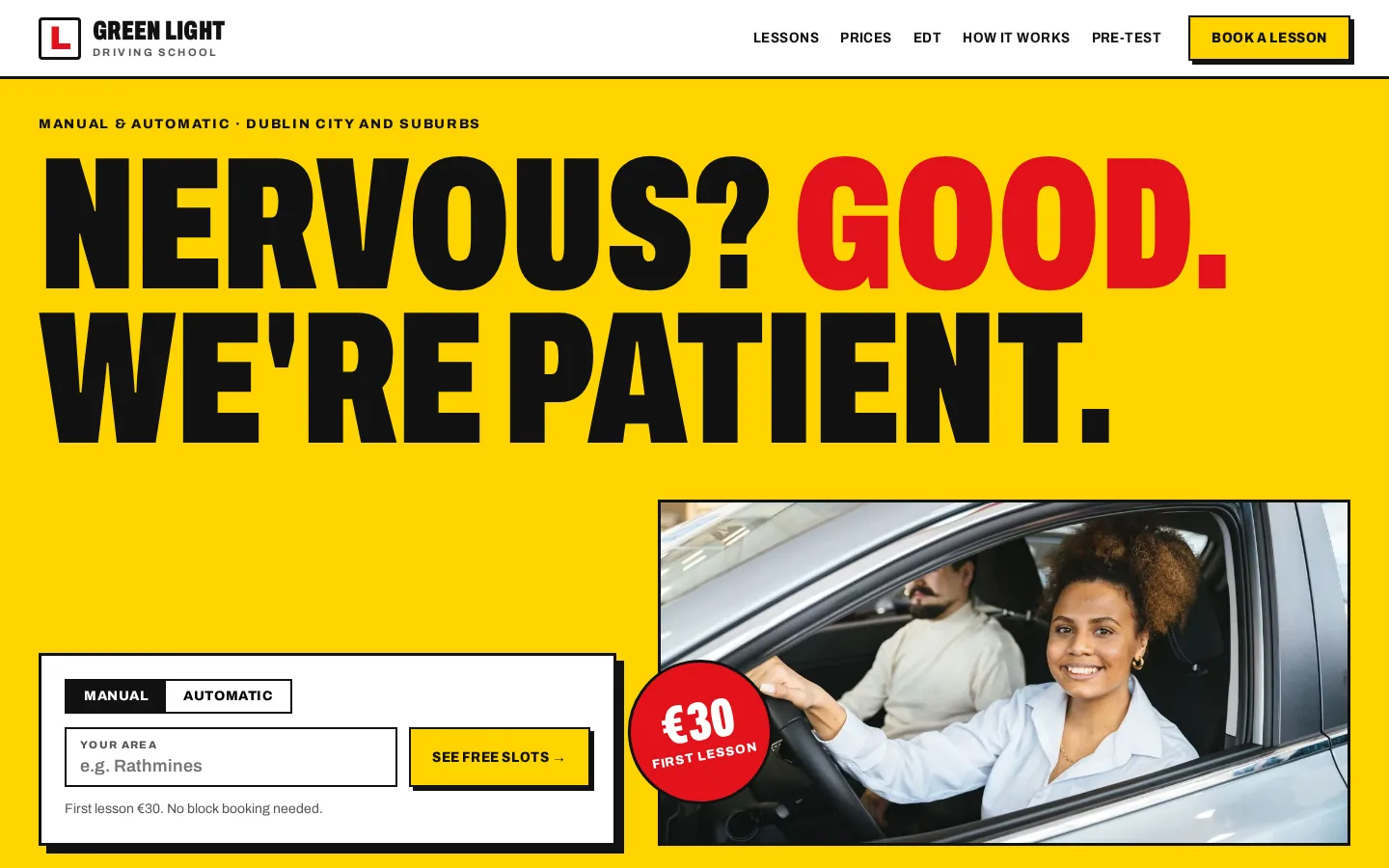 Concept website for Green Light Driving School, a made-up driving school business