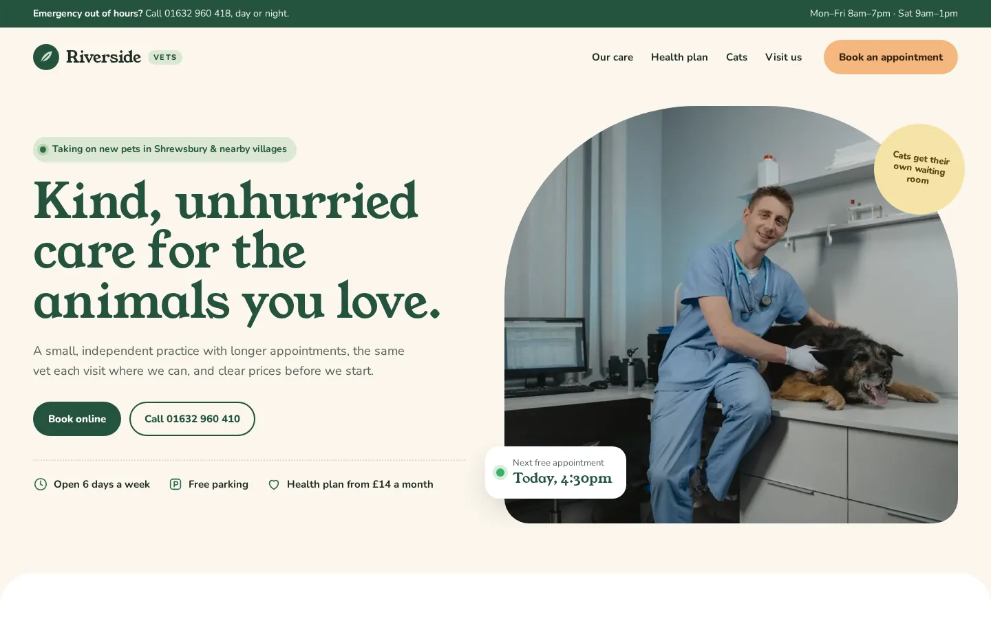 Concept website for Riverside Vets, a made-up vets business